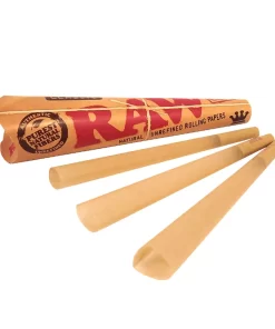 Close-up of RAW Classic King Size Cones, pre-rolled and made from natural paper.